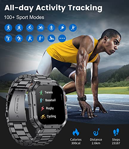 Military Smart Watches for Men(Answer/Dial Calls), 1.96'' HD Fitness Watch with Heart Rate/Blood Oxygen Monitor, AI Voice/400mAh Battery, IP67 Waterproof Rugged Outdoor Smartwatch for Android iOS