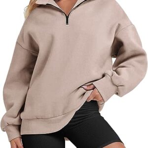 ATHMILE Womens Oversized Half Zip Pullover Long Sleeve Sweatshirt Quarter Zip Hoodie Sweater Teen Girls Fall Y2K Clothes Coffee Grey