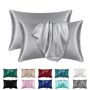 lxmged satin silk pillowcases for skin and hair,set of 2 satin pillow cases for women with envelope closure,soft breathable smooth cooling silk pillow covers for gifts，silver grey，standard (20" x 26")