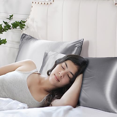 LXMGED Satin Silk Pillowcases for Skin and Hair,Set of 2 Satin Pillow Cases for Women with Envelope Closure,Soft Breathable Smooth Cooling Silk Pillow Covers for Gifts，Silver Grey，Standard (20" x 26")