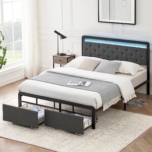 full size bed frame with 2 storage drawers, button tufted headboard and led lights, upholstered platform bed with storage, heavy duty metal slats, no box spring needed, noise free, easy assembly
