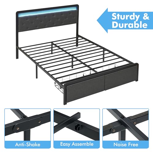 Full Size Bed Frame with 2 Storage Drawers, Button Tufted Headboard and LED Lights, Upholstered Platform Bed with Storage, Heavy Duty Metal Slats, No Box Spring Needed, Noise Free, Easy Assembly