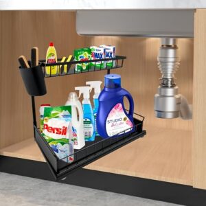 zwmssll under sink organizer, 2 tier sturdy, durable bathroom-kitchen storage rack with quiet sliding, adjustable, multi-purpose design for sink and cabinet storage