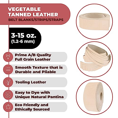 ELW Leather Blank Belt | 3-4 Oz. (1.2-1.6mm) Thickness | Size: 1-1/4"x40" (3.175x101cm) Cowhide Vegetable Tanned | Full Grain Strip, Strap | Ideal for DIY Belts for Tooling, Crafting & Stamping