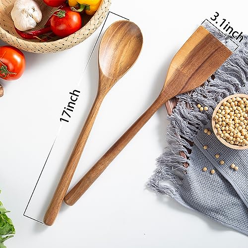 Giant Acacia Wood Cooking Utensils, Strong Wooden Spoons Spatula, 17" Long Handle Kitchen Utensil for Cooking, Large Wood Scoop Spoons Serving Heavy Food, Big Wood Kitchenware Tool for Huge Boil Pot