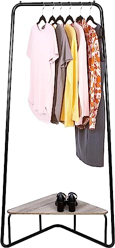 J&V TEXTILES Corner Garment Rack, White with Wood Grain Laminate Top (Matte Black)