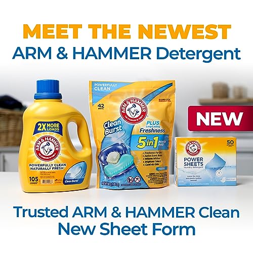 Arm & Hammer Power Sheets Laundry Detergent, Fresh Linen 50ct, up to 100 Small Loads (Packaging may vary)