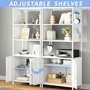 Yizosh 5-Tier Bookshelf, Tall Bookcase with Doors, Industrial Display Standing Shelf Units with Lock & Pegboard, Metal Storage Shelves for Living Room, Bedroom, Home Office (White)