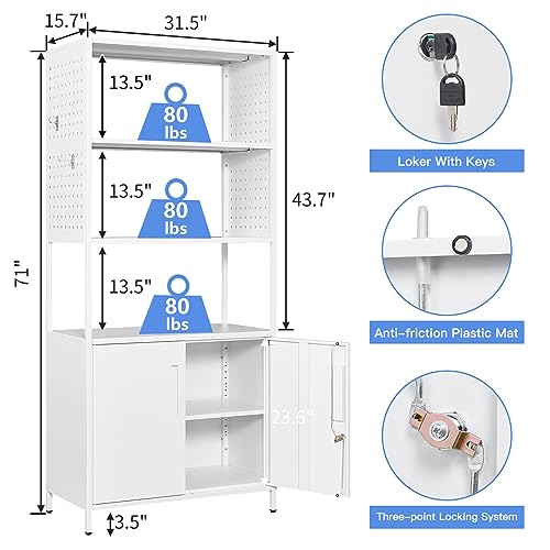 Yizosh 5-Tier Bookshelf, Tall Bookcase with Doors, Industrial Display Standing Shelf Units with Lock & Pegboard, Metal Storage Shelves for Living Room, Bedroom, Home Office (White)