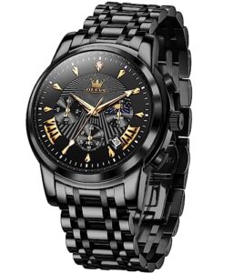 olevs black watches for men chronograph stainless steel mens watches big face classic luxury men's wrist watches with date waterproof dress male watches, relojes para hombres