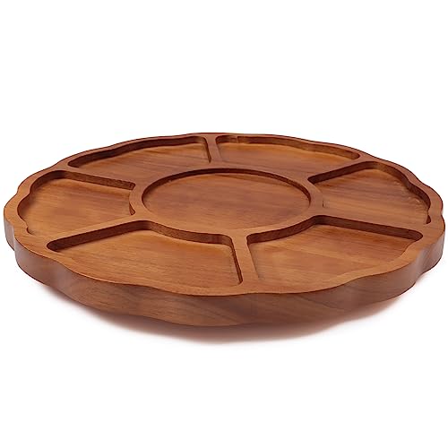 13” Lazy Susan Acacia Wood Serving Tray 7-Compartment Multipurpose Round Tray for Serving Food,Round Platters for Organization,Pantry,Kitchen