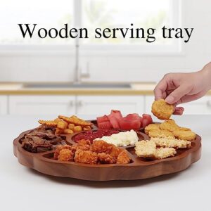 13” Lazy Susan Acacia Wood Serving Tray 7-Compartment Multipurpose Round Tray for Serving Food,Round Platters for Organization,Pantry,Kitchen