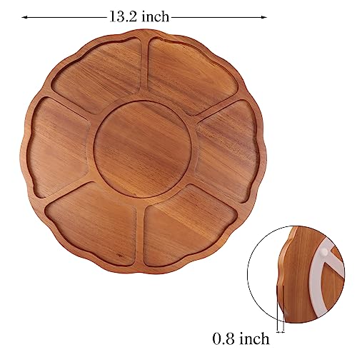 13” Lazy Susan Acacia Wood Serving Tray 7-Compartment Multipurpose Round Tray for Serving Food,Round Platters for Organization,Pantry,Kitchen