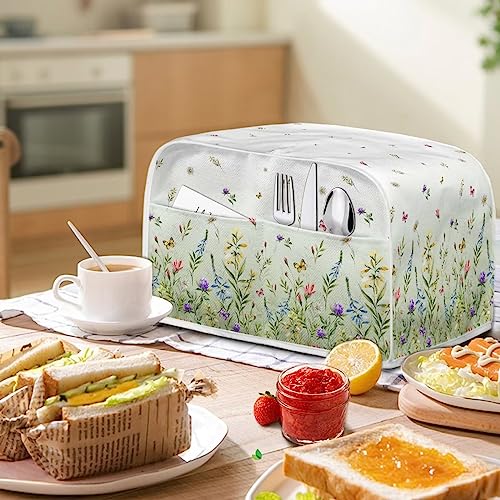 HUISEFOR Butterfly Floral Print Toaster Cover 4 Slice Long Slot, Washable Bread Maker Covers Toaster Covers Dustproof Kitchen Appliance Protector Keep Off Stains Fingerprint and Cat Hair