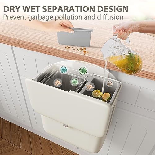 Kitchen Trash Can for Counter Top or Under Sink, 3.2 Gallon Large Capacity Dry and Wet Separation Hanging Trash Bin for Cupboard/Bathroom/Office, Kitchen Waste Bin with Scraper and Liquid Container