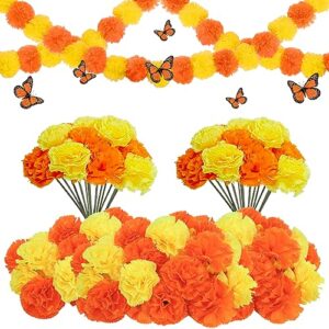 day of the dead decorations set of 3 artificial marigold garland,30 marigold flowers with stem,6 butterfly,dia de los muertos decorations for halloween diwali indian party