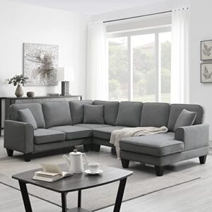 p purlove sectional sofa, large sectional sofa with 3 pillows, u shape fabric corner couch with backrest and armrest, 7 seats sectional couch for living room, apartment, office (dark grey)
