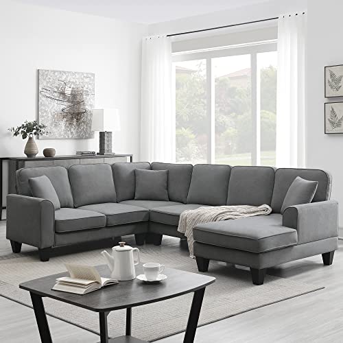 P PURLOVE Sectional Sofa, Large Sectional Sofa with 3 Pillows, U Shape Fabric Corner Couch with Backrest and Armrest, 7 Seats Sectional Couch for Living Room, Apartment, Office (Dark Grey)