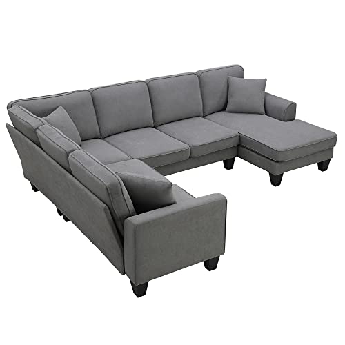 P PURLOVE Sectional Sofa, Large Sectional Sofa with 3 Pillows, U Shape Fabric Corner Couch with Backrest and Armrest, 7 Seats Sectional Couch for Living Room, Apartment, Office (Dark Grey)