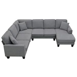 P PURLOVE Sectional Sofa, Large Sectional Sofa with 3 Pillows, U Shape Fabric Corner Couch with Backrest and Armrest, 7 Seats Sectional Couch for Living Room, Apartment, Office (Dark Grey)