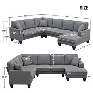 P PURLOVE Sectional Sofa, Large Sectional Sofa with 3 Pillows, U Shape Fabric Corner Couch with Backrest and Armrest, 7 Seats Sectional Couch for Living Room, Apartment, Office (Dark Grey)