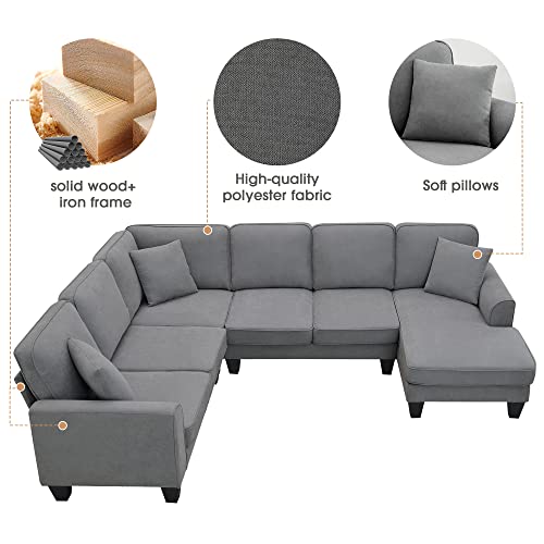 P PURLOVE Sectional Sofa, Large Sectional Sofa with 3 Pillows, U Shape Fabric Corner Couch with Backrest and Armrest, 7 Seats Sectional Couch for Living Room, Apartment, Office (Dark Grey)