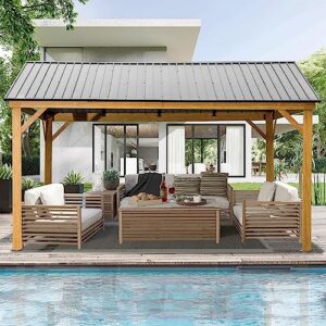 domi 12' x 14' hardtop gazebo with galvanized steel gable roof, pergola with wood-looking aluminum frame, permanent pavilion outdoor gazebo with ceiling hook for deck patio lawn yard backyard grill