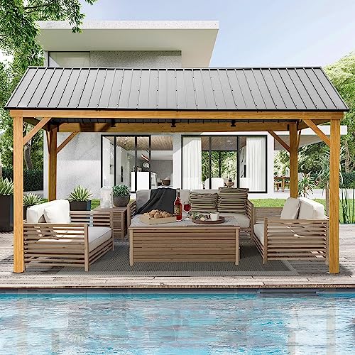 Domi 12' x 14' Hardtop Gazebo with Galvanized Steel Gable Roof, Pergola with Wood-Looking Aluminum Frame, Permanent Pavilion Outdoor Gazebo with Ceiling Hook for Deck Patio Lawn Yard Backyard Grill