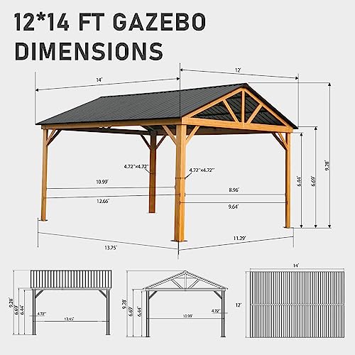 Domi 12' x 14' Hardtop Gazebo with Galvanized Steel Gable Roof, Pergola with Wood-Looking Aluminum Frame, Permanent Pavilion Outdoor Gazebo with Ceiling Hook for Deck Patio Lawn Yard Backyard Grill