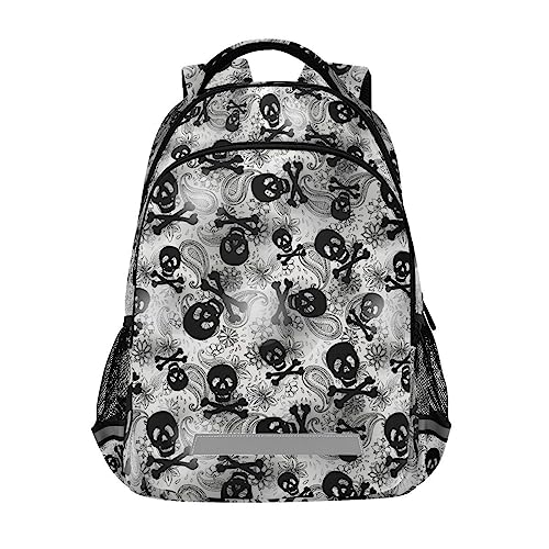 MNSRUU Laptop Backpack with Chest Strap, Gothic Skulls Black Grey Paisley School Backpack, Travel Hiking Backpack for Boys Girls Teen Adult, Rucksack, Knapsack