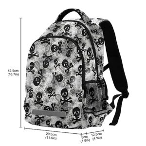 MNSRUU Laptop Backpack with Chest Strap, Gothic Skulls Black Grey Paisley School Backpack, Travel Hiking Backpack for Boys Girls Teen Adult, Rucksack, Knapsack