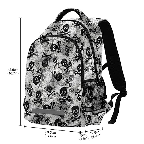 MNSRUU Laptop Backpack with Chest Strap, Gothic Skulls Black Grey Paisley School Backpack, Travel Hiking Backpack for Boys Girls Teen Adult, Rucksack, Knapsack