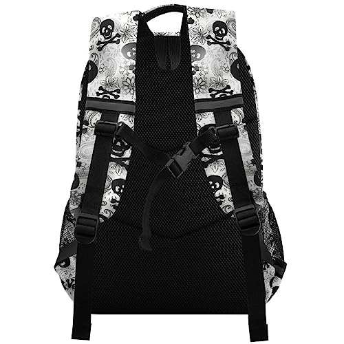 MNSRUU Laptop Backpack with Chest Strap, Gothic Skulls Black Grey Paisley School Backpack, Travel Hiking Backpack for Boys Girls Teen Adult, Rucksack, Knapsack