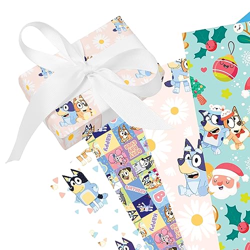 Peri Foi Happy Birthday Wrapping Paper Sheets - Blue Dog Cartoon Character Theme Designs for Boy Girl Kids Christmas, Birthday, Daisy Patterns Gift Present Wrapper - 20 x29 Inch x12