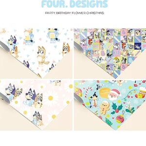 Peri Foi Happy Birthday Wrapping Paper Sheets - Blue Dog Cartoon Character Theme Designs for Boy Girl Kids Christmas, Birthday, Daisy Patterns Gift Present Wrapper - 20 x29 Inch x12