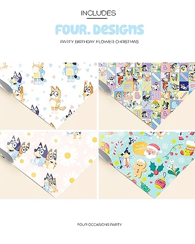 Peri Foi Happy Birthday Wrapping Paper Sheets - Blue Dog Cartoon Character Theme Designs for Boy Girl Kids Christmas, Birthday, Daisy Patterns Gift Present Wrapper - 20 x29 Inch x12