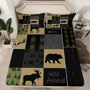 queen size bear print bed sheet set boys girls wild animal fitted sheet for kids women men ultra soft rustic cabin country bedding set green black grey bed cover room decor