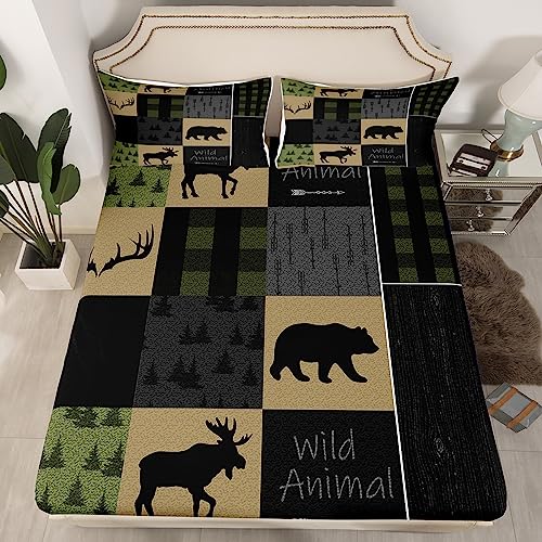 Queen Size Bear Print Bed Sheet Set Boys Girls Wild Animal Fitted Sheet for Kids Women Men Ultra Soft Rustic Cabin Country Bedding Set Green Black Grey Bed Cover Room Decor