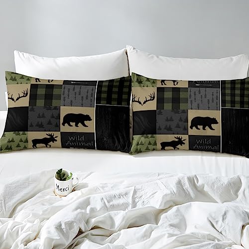 Queen Size Bear Print Bed Sheet Set Boys Girls Wild Animal Fitted Sheet for Kids Women Men Ultra Soft Rustic Cabin Country Bedding Set Green Black Grey Bed Cover Room Decor