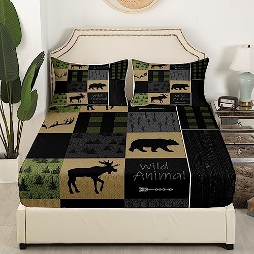 Queen Size Bear Print Bed Sheet Set Boys Girls Wild Animal Fitted Sheet for Kids Women Men Ultra Soft Rustic Cabin Country Bedding Set Green Black Grey Bed Cover Room Decor