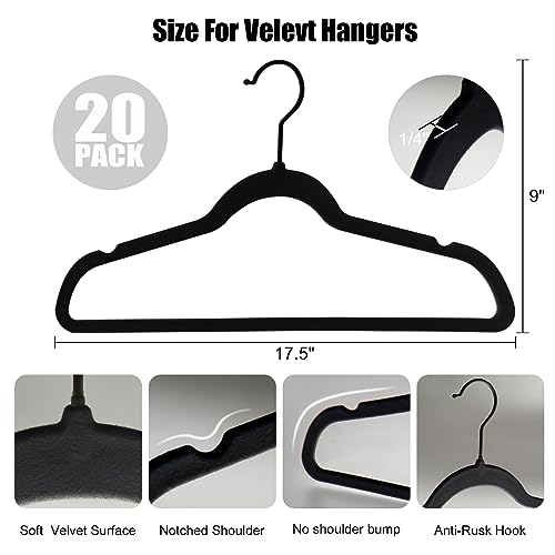 UIZLVEU Velvet Hangers 20 Pack, Luxury Black Felt Non Slip Clothes Hangers with Black Hooks, Heavy Duty Coat Hangers for Closet, Ultra Slim Space Saving Black Hangers for Tank Tops, Shirt, Suit, Pants