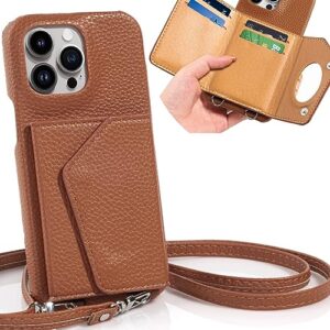 dorismax iphone 14 pro max wallet case with makeup mirror - 4 card slots - crossbody straps - designed for women and girls - double magnetic clasp leather cover - protective phone case - brown