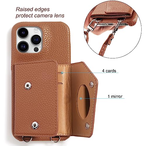 DorisMax iPhone 14 Pro Max Wallet Case with Makeup Mirror - 4 Card Slots - Crossbody Straps - Designed for Women and Girls - Double Magnetic Clasp Leather Cover - Protective Phone Case - Brown