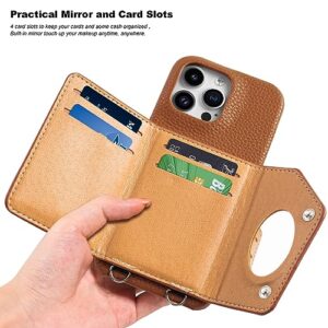 DorisMax iPhone 14 Pro Max Wallet Case with Makeup Mirror - 4 Card Slots - Crossbody Straps - Designed for Women and Girls - Double Magnetic Clasp Leather Cover - Protective Phone Case - Brown