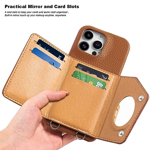 DorisMax iPhone 14 Pro Max Wallet Case with Makeup Mirror - 4 Card Slots - Crossbody Straps - Designed for Women and Girls - Double Magnetic Clasp Leather Cover - Protective Phone Case - Brown