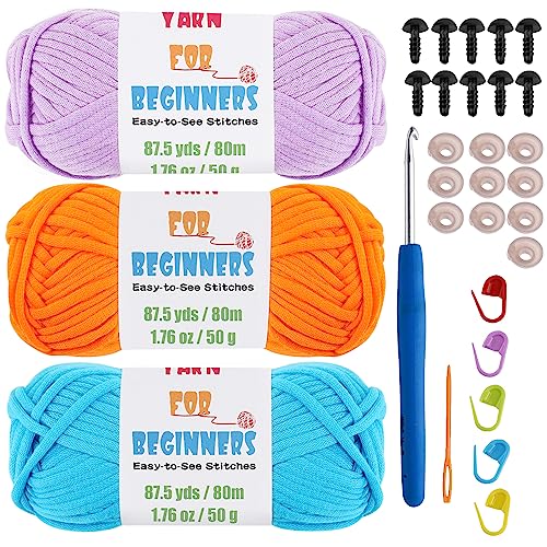 Crochet and Knitting Yarn for Beginners 3x1.76oz Yarn for Crocheting with Easy-to-See Stitches Chunky Cotton-Nylon Blend Easy Yarn Kit for Beginner Crocheting Set 262 Yards, Purple&Orange&Blue