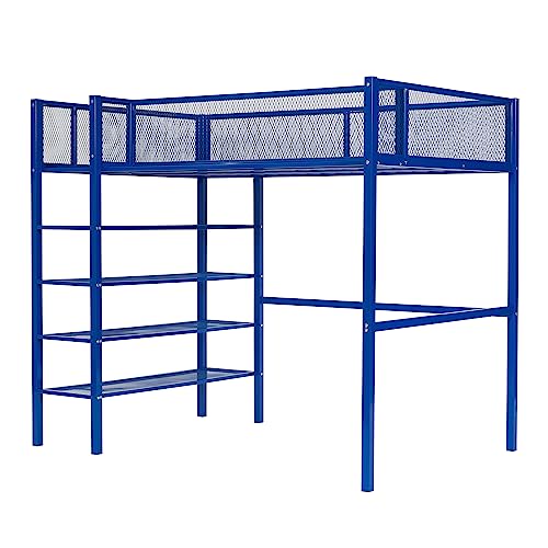 Twin Size Loft Bed with 4-Tier Storage Shelves for Teens Adult,Metal Loft Bed Frame with 14.4" H Safety Guardrail,Noise Free Heavy Duty Twin Loft Bed,No Box Spring Needed