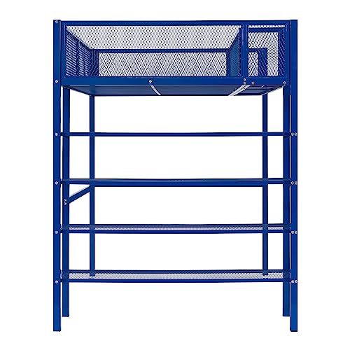 Twin Size Loft Bed with 4-Tier Storage Shelves for Teens Adult,Metal Loft Bed Frame with 14.4" H Safety Guardrail,Noise Free Heavy Duty Twin Loft Bed,No Box Spring Needed