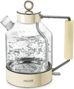 electric kettle, ascot glass electric tea kettle 1.6l 1500w retro tea heater & hot water boiler, no plastic, bpa-free, cordless, with auto shut-off and boil-dry protection (creme)