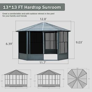 Domi 13x13FT Sunroom,Aluminum Solarium with Galvanized Steel Sloping Roof, Lockable Screen House, Moveable PC Screen&Sliding Door for Patio Deck Backyard Lawn